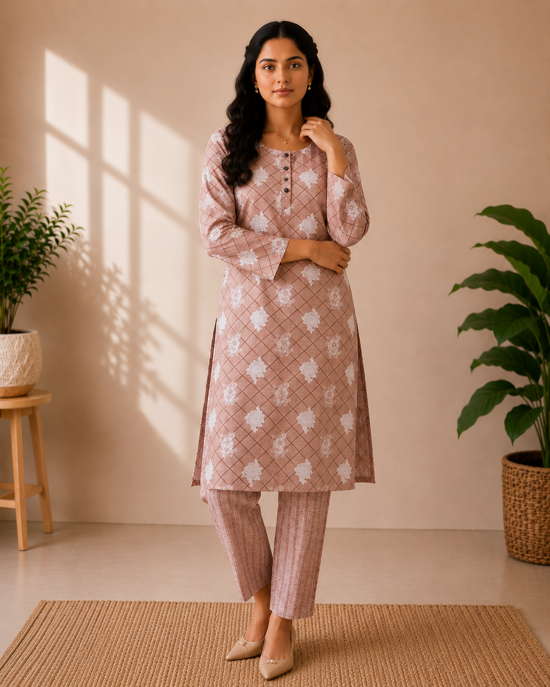 Rose Taupe Cotton Printed 3-Piece Kurti Set