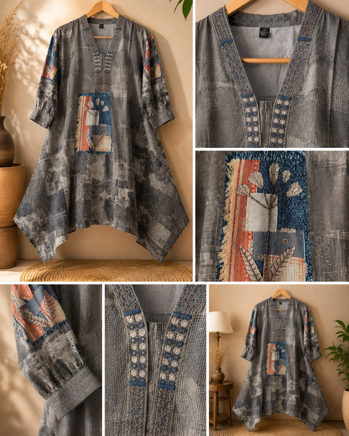 Designer Pure Silk Muslin Asymmetric Co-ord Set with Handcrafted Embellished Yoke