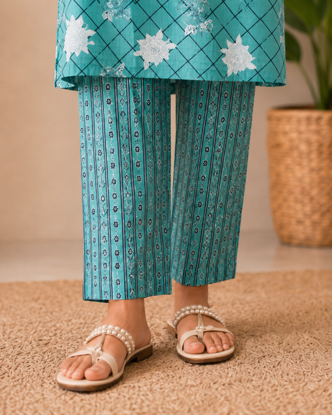 Sea Green Cotton Printed 3-Piece Kurti Set
