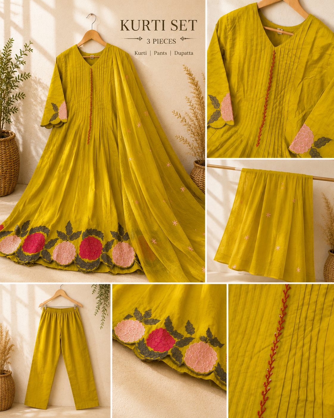 Lime Blossom Yellow Floral Embroidered Kurti Set