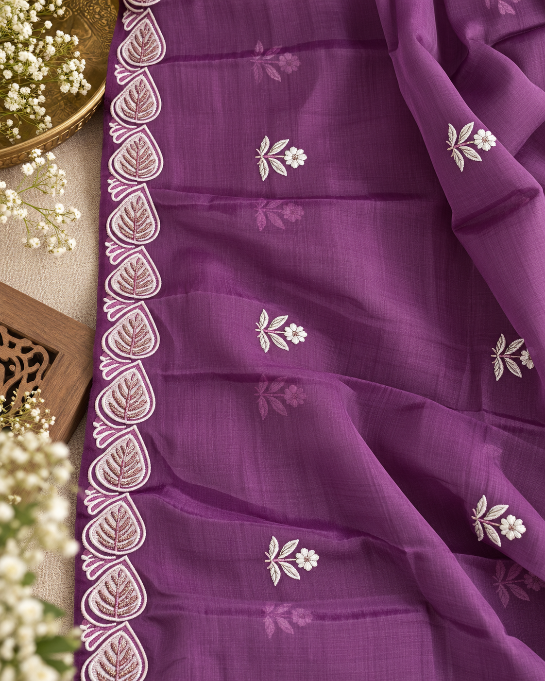 Mulberry Mul Chanderi Embroidered Kurti Set