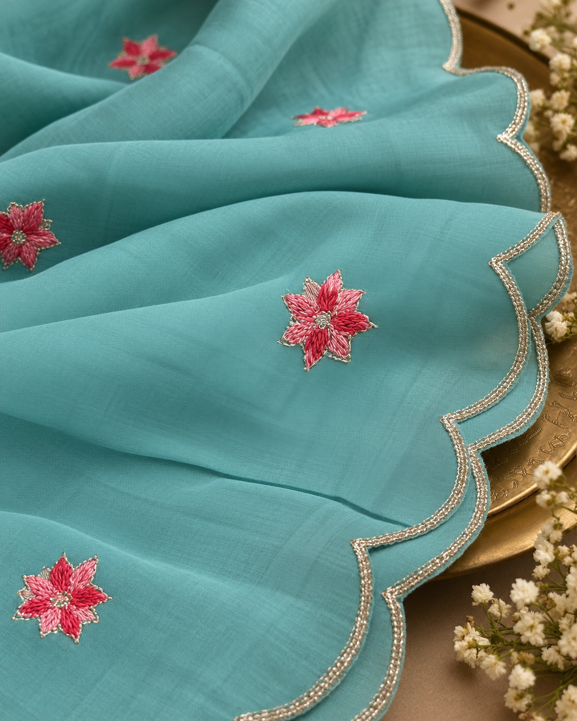 Misty Teal Mul Chanderi Swan Embroidered Kurti Set