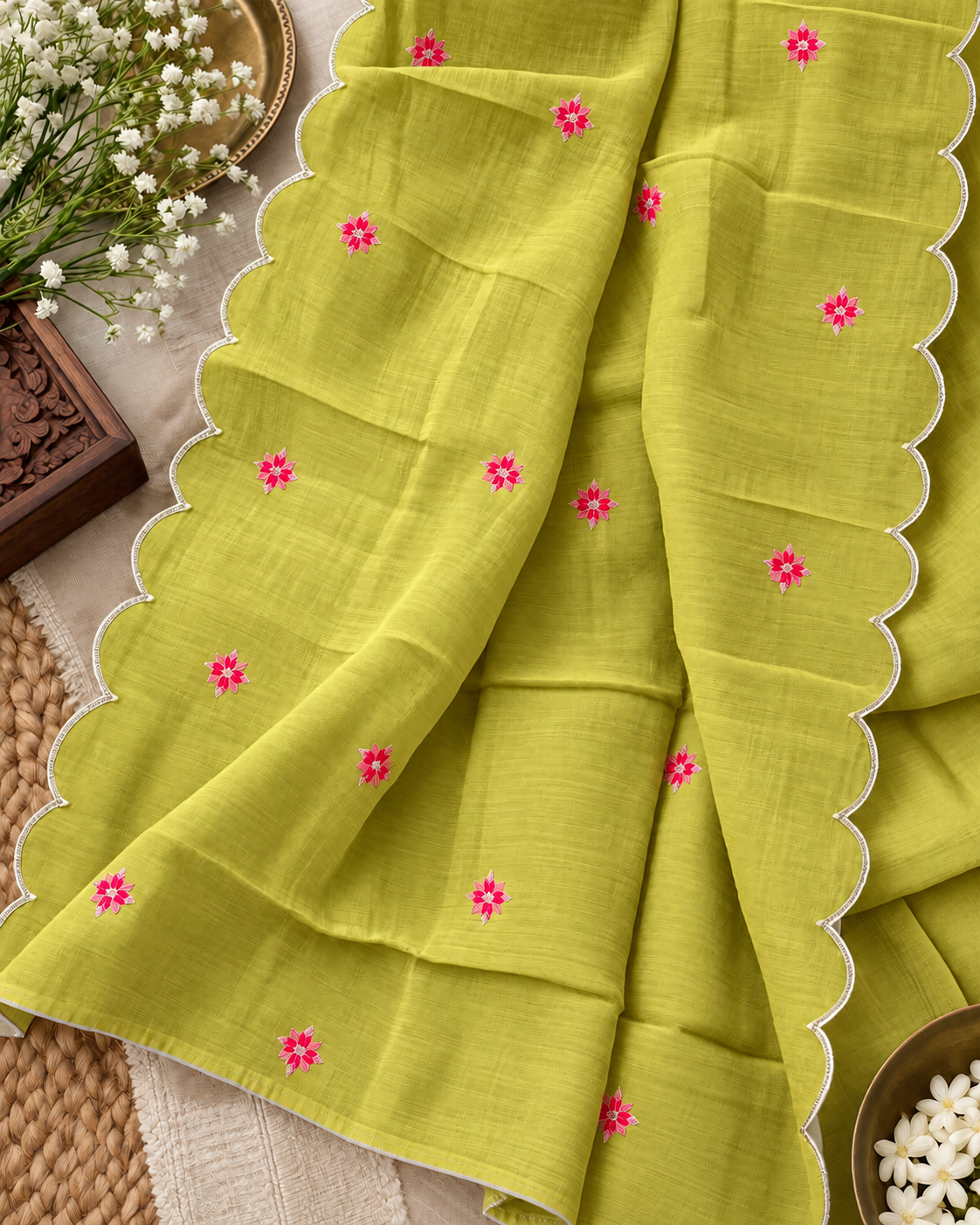 Lime Zest Mul Chanderi Swan Embroidered Kurti Set