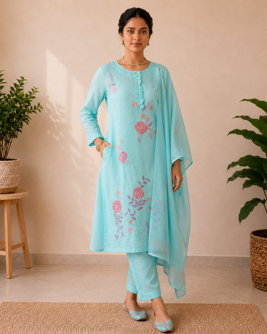 Designer Sky Serenity Mul Chanderi 3-Piece Set