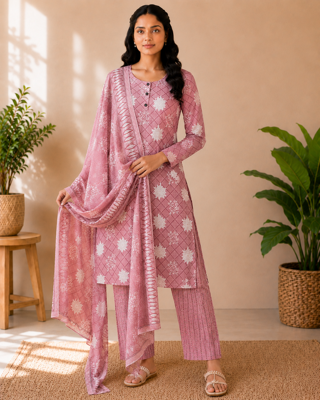 Blush Pink Cotton 3-Piece Kurti Set