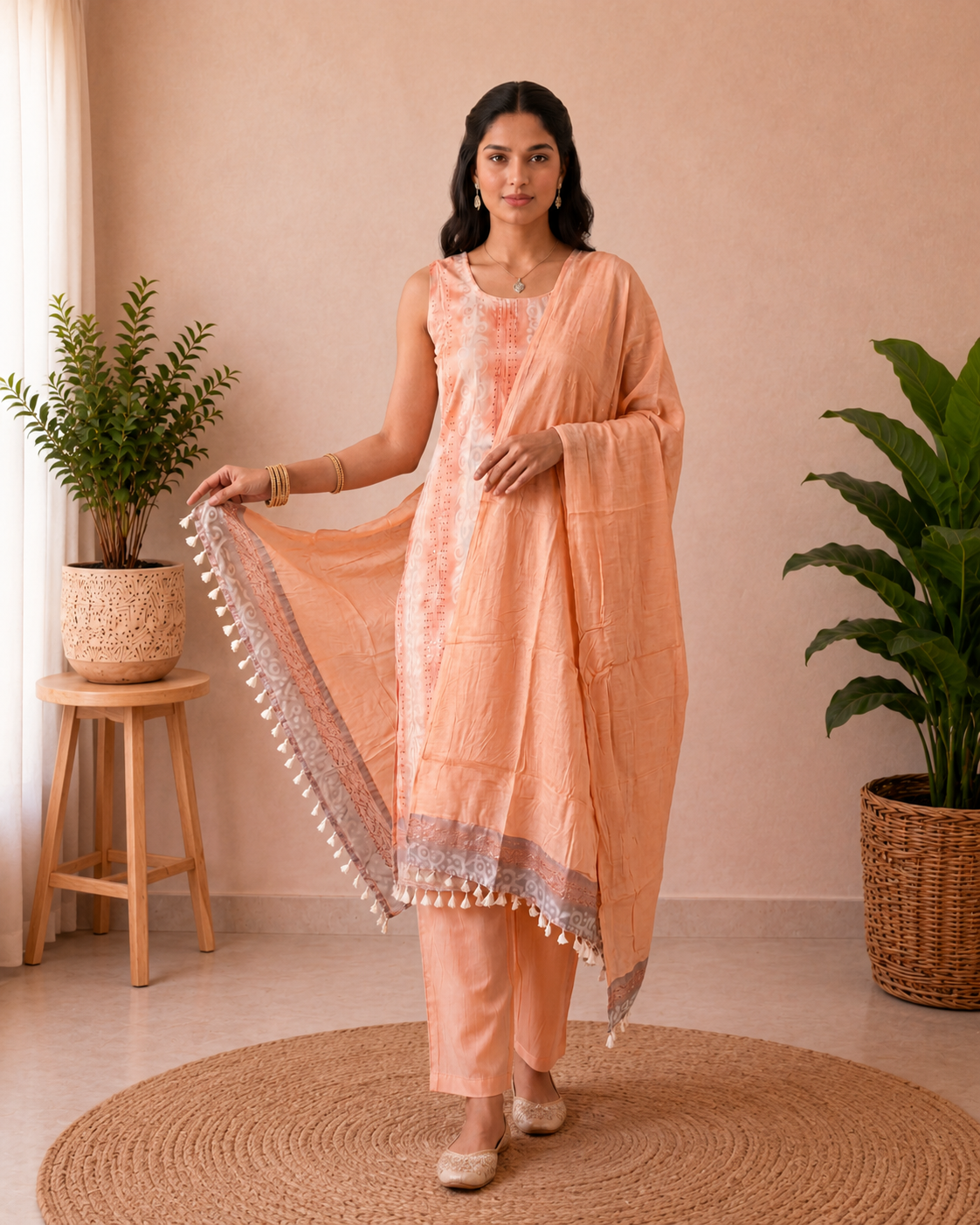 Designer Peach Blossom Pure Cotton Kurti Set | Sleeves Attached