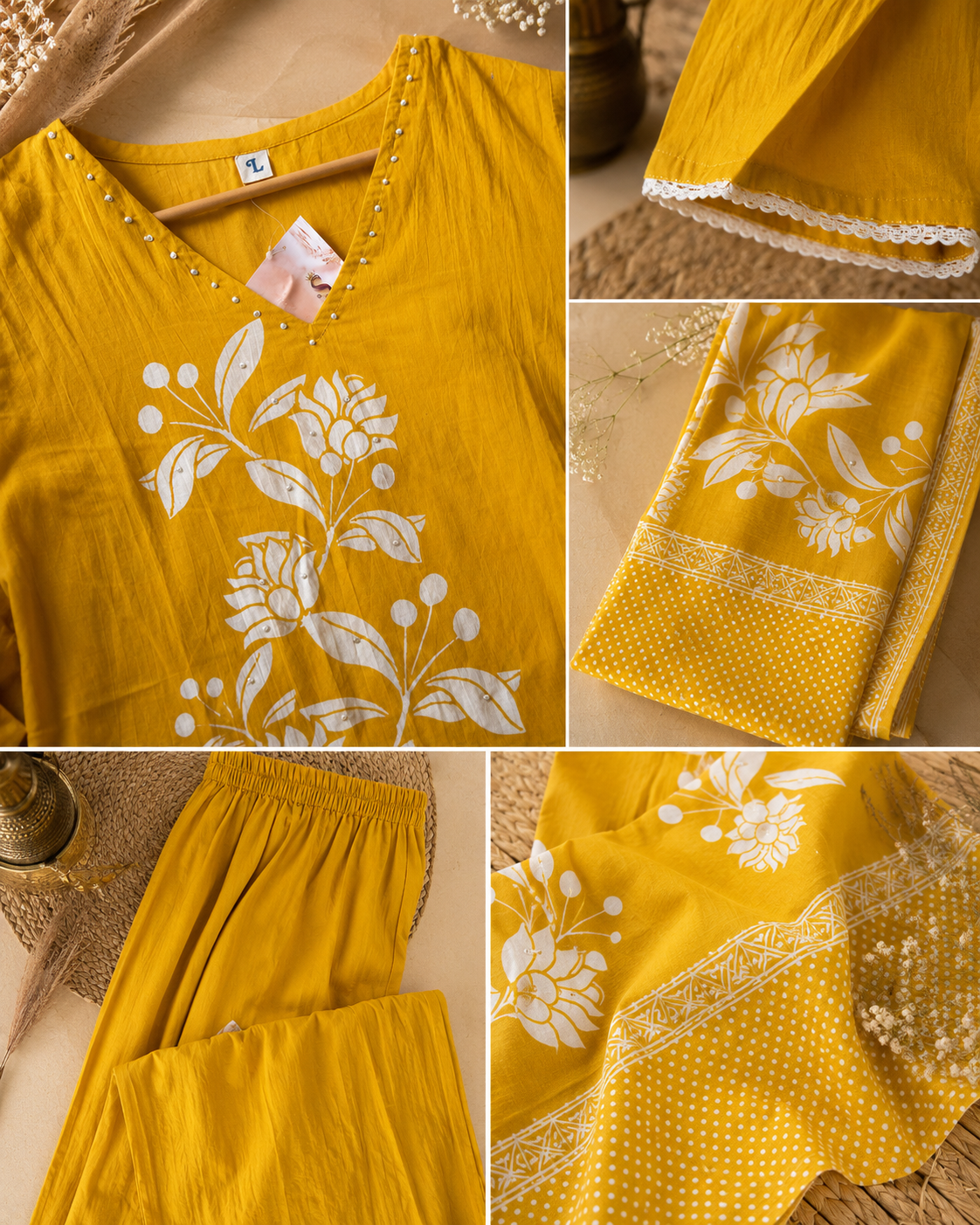 Sunshine Mustard Yellow Pure Cotton 3-Piece Kurti Set