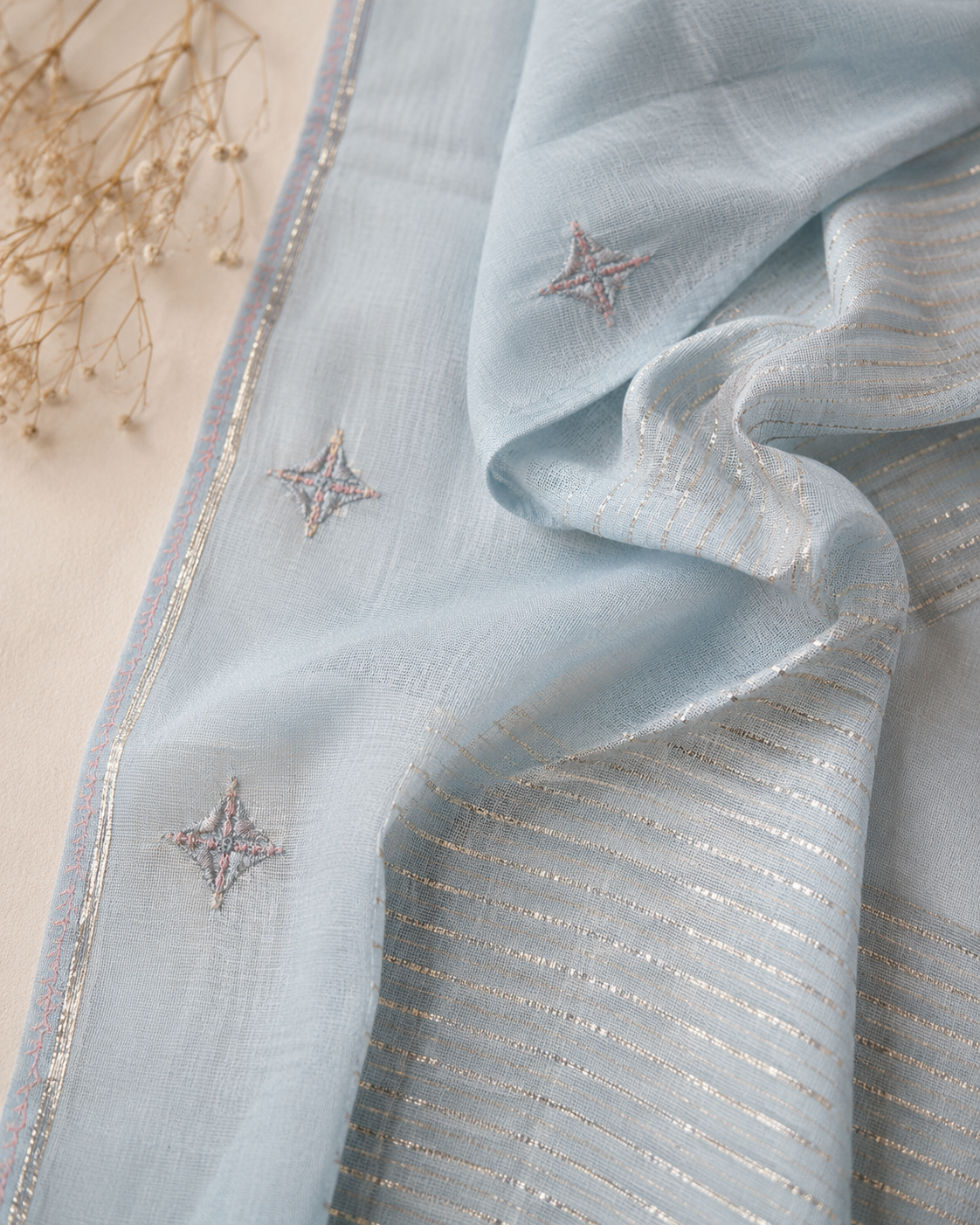 Designer Ice Blue Mul Silk Cotton 3-Piece Kurti Set with Hand Embroidery