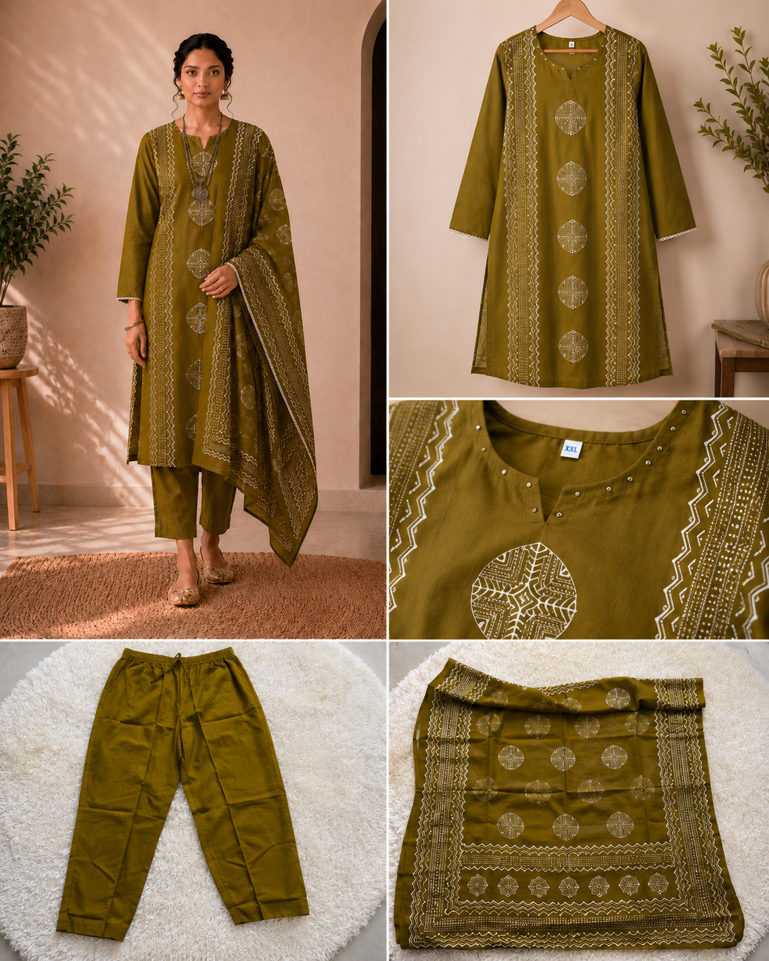 Olive Harmony Handblock Cotton 3-Piece Kurti Set