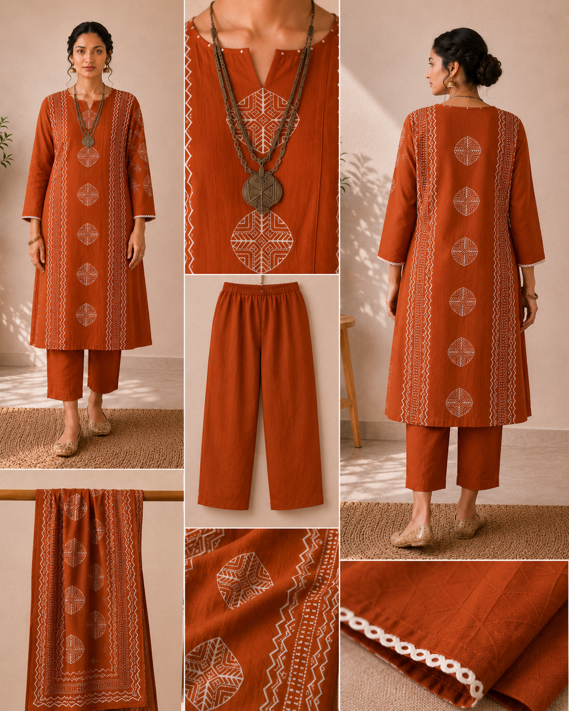 Rust Terracotta Harmony Handblock Cotton 3-Piece Kurti Set