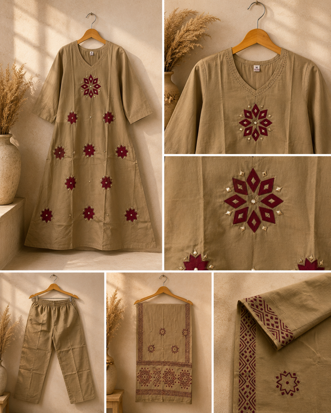 Desert Beige Embroidered Cotton 3-Piece Kurta Set with Printed Dupatta