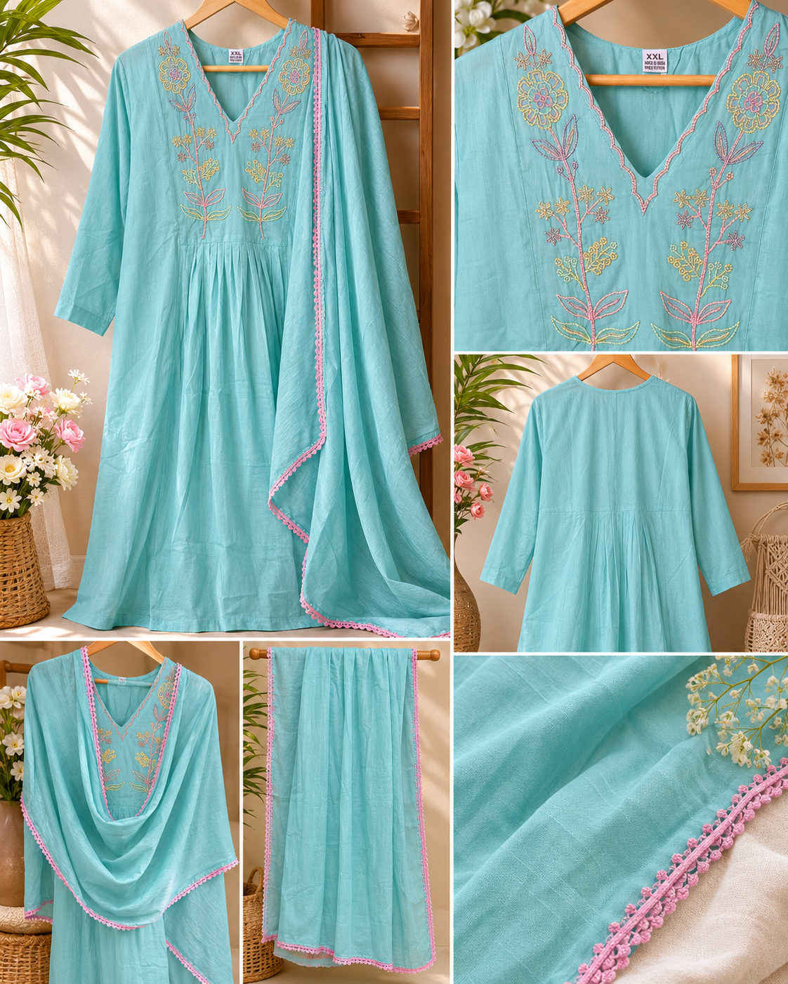 Turquoise Bloom Mul Chanderi 3-Piece Kurti Set