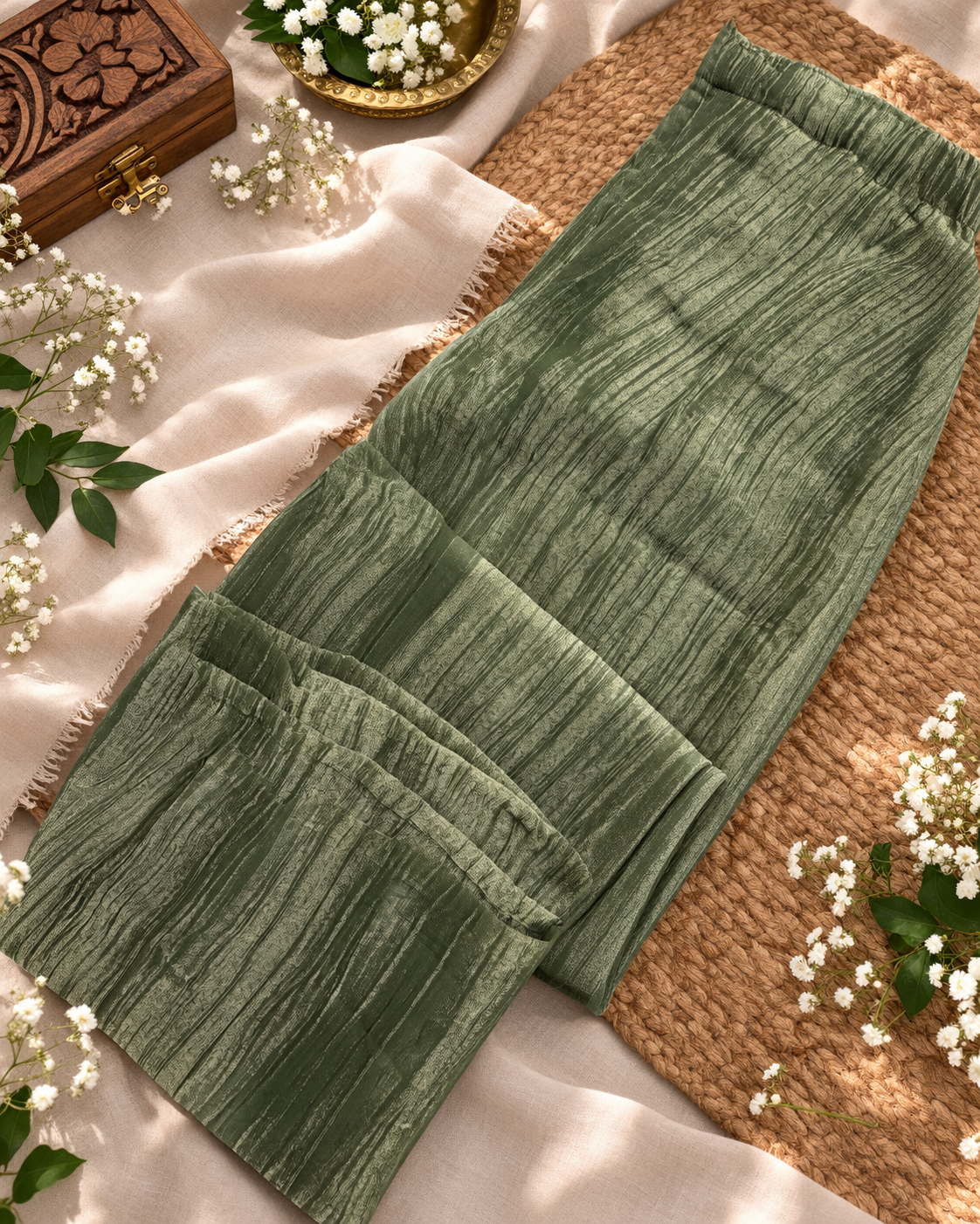 Olive Glow Salsa Crushed 3-Piece Kurti Set with Embroidered Yoke