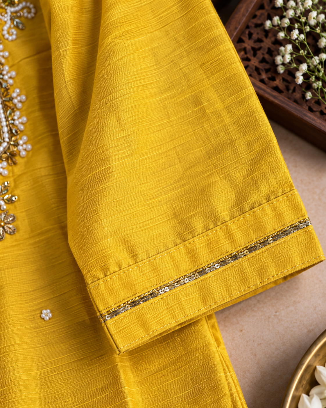 Mustard Gold Silk Kurti Pant Set with Handwork & Dupatta | Festive Wear for Women