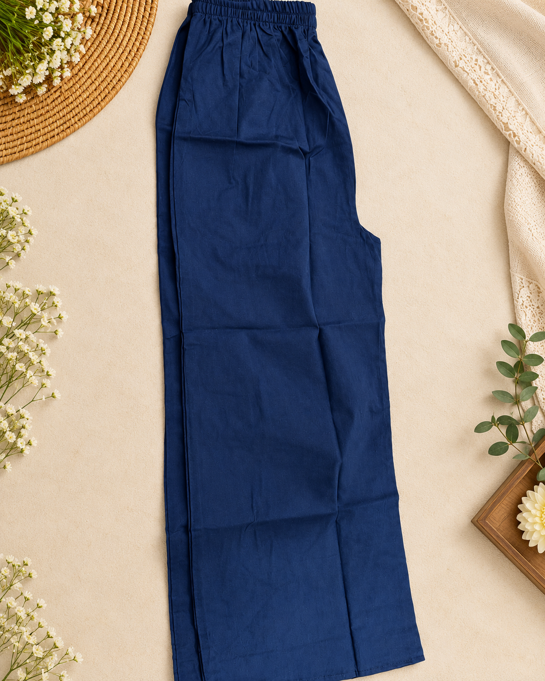 Navy Blue Cotton Floral Embroidered Co-ord Set with Wide-Leg Pants