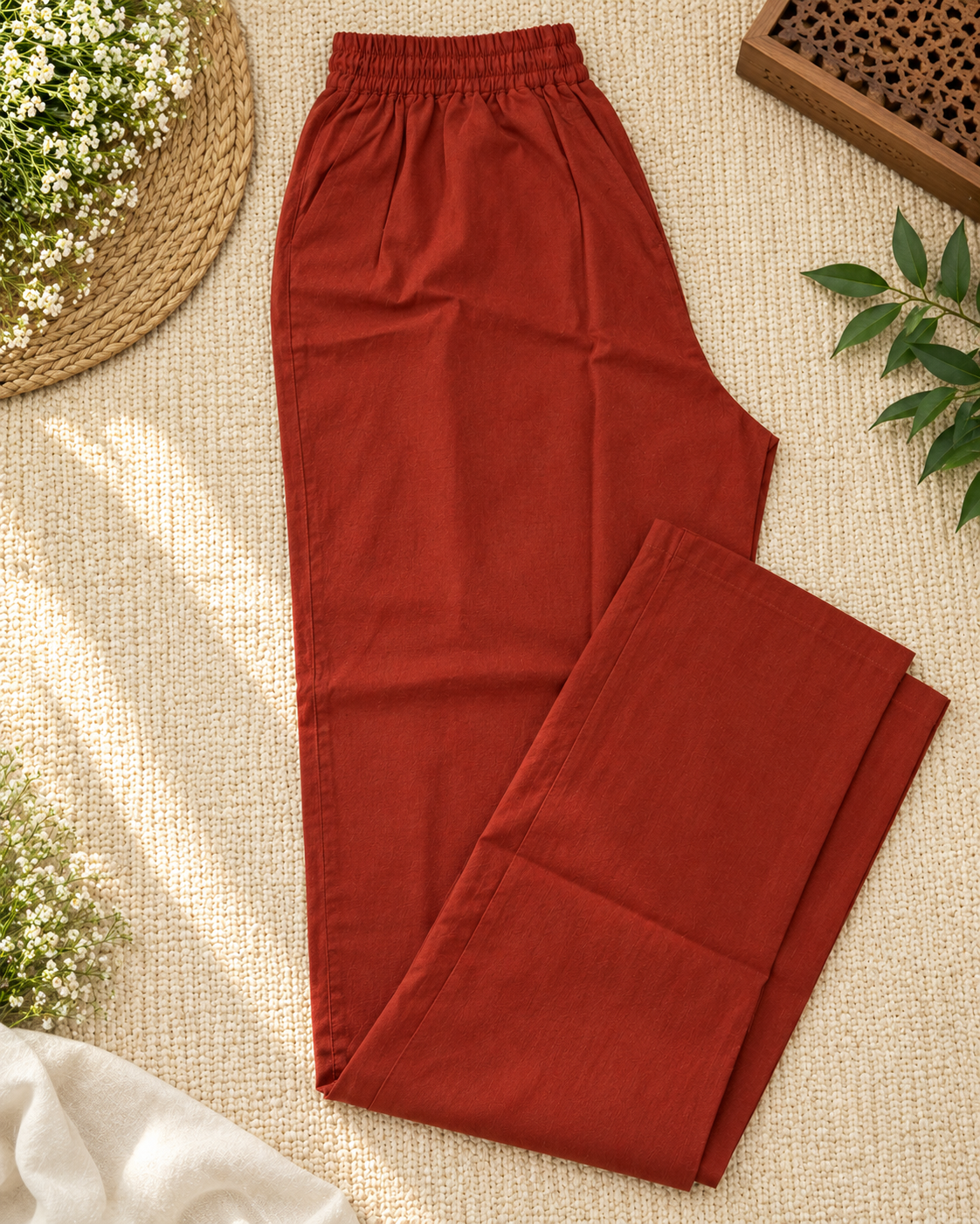 Rust Red Cotton Co-ord Set with Contrast Fabric Appliqué Work