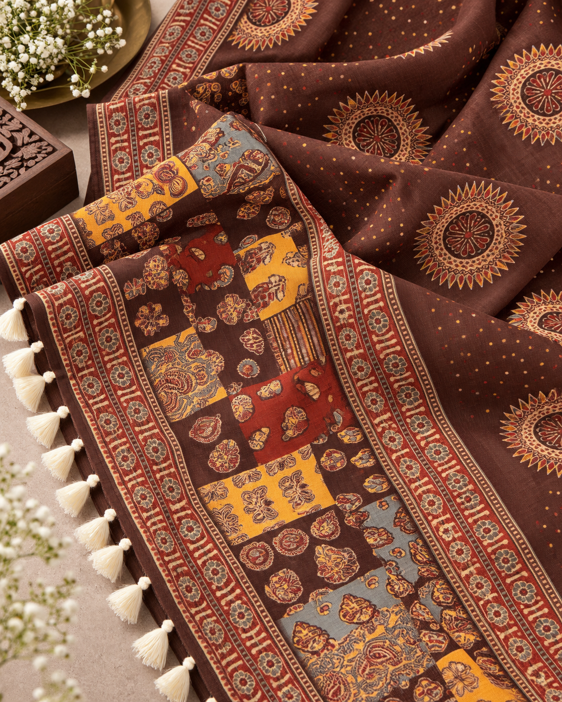 Mocha Brown Mirror-Work Cotton Designer Flared A-Line Kurti Set