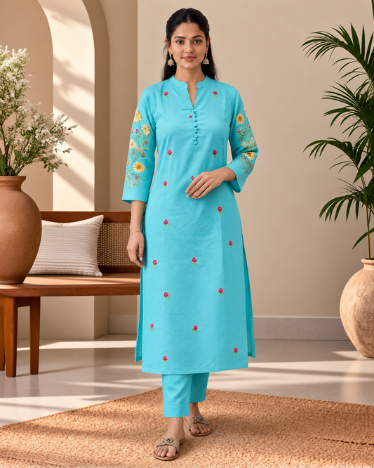 Aqua Blue Floral Embroidered Cotton 3-Piece Kurti Set