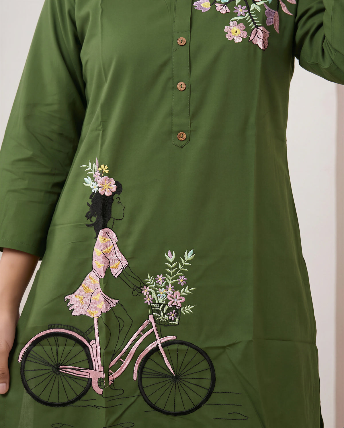 Olive Green Cotton Co-ord Set with Floral & Bicycle Embroidery