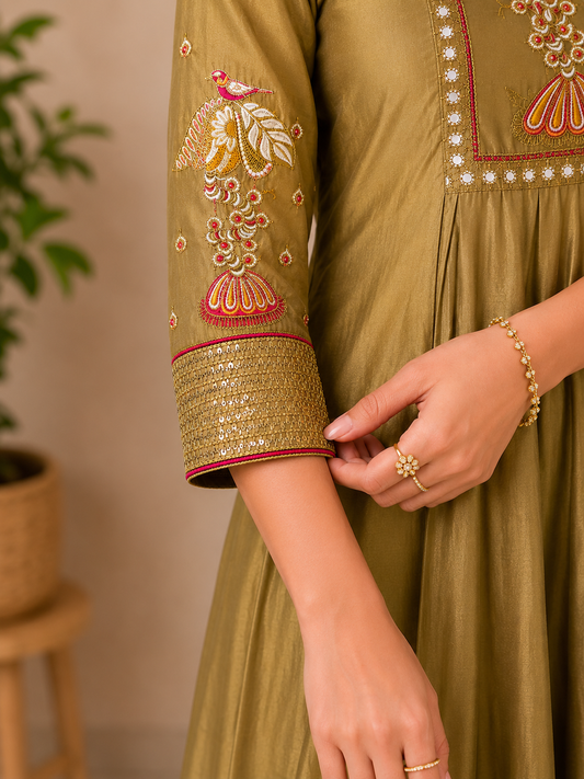 Antique Olive Heritage Mul Chanderi 3-Piece Set