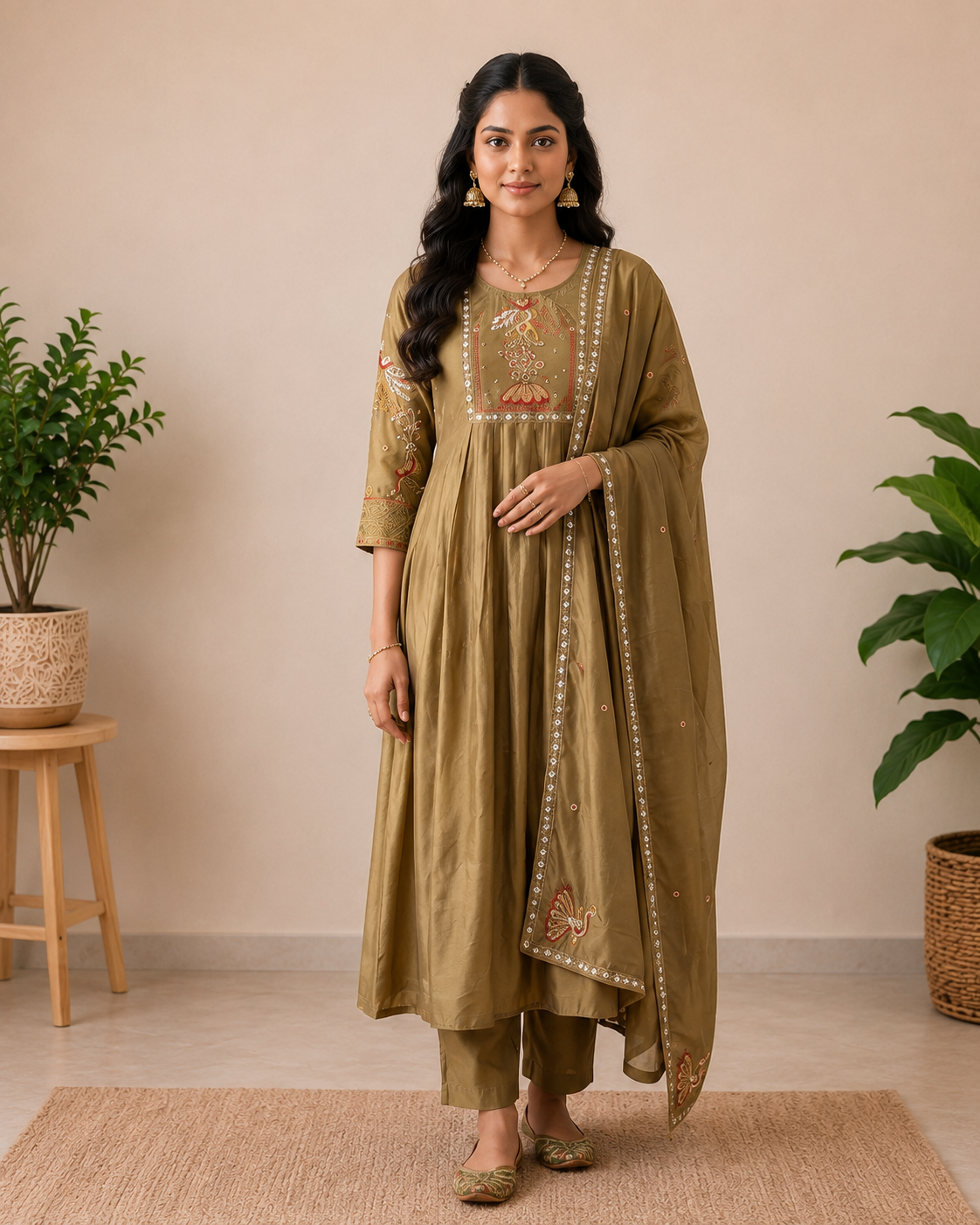 Antique Olive Heritage Mul Chanderi 3-Piece Set