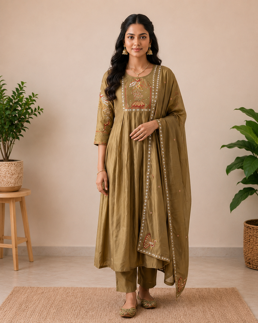Antique Olive Heritage Mul Chanderi 3-Piece Set