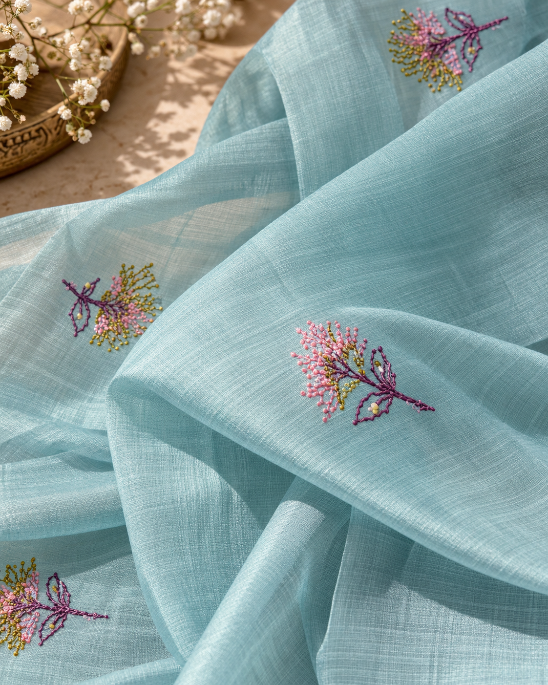 Powder Aqua Blue Mul Chanderi Embroidered 3-Piece Kurti Set