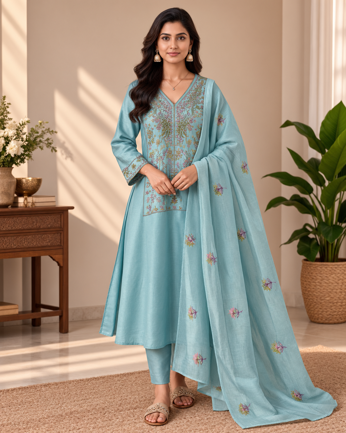 Powder Aqua Blue Mul Chanderi Embroidered 3-Piece Kurti Set