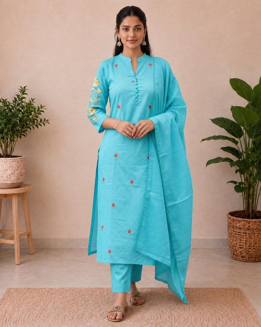 Aqua Blue Floral Embroidered Cotton 3-Piece Kurti Set