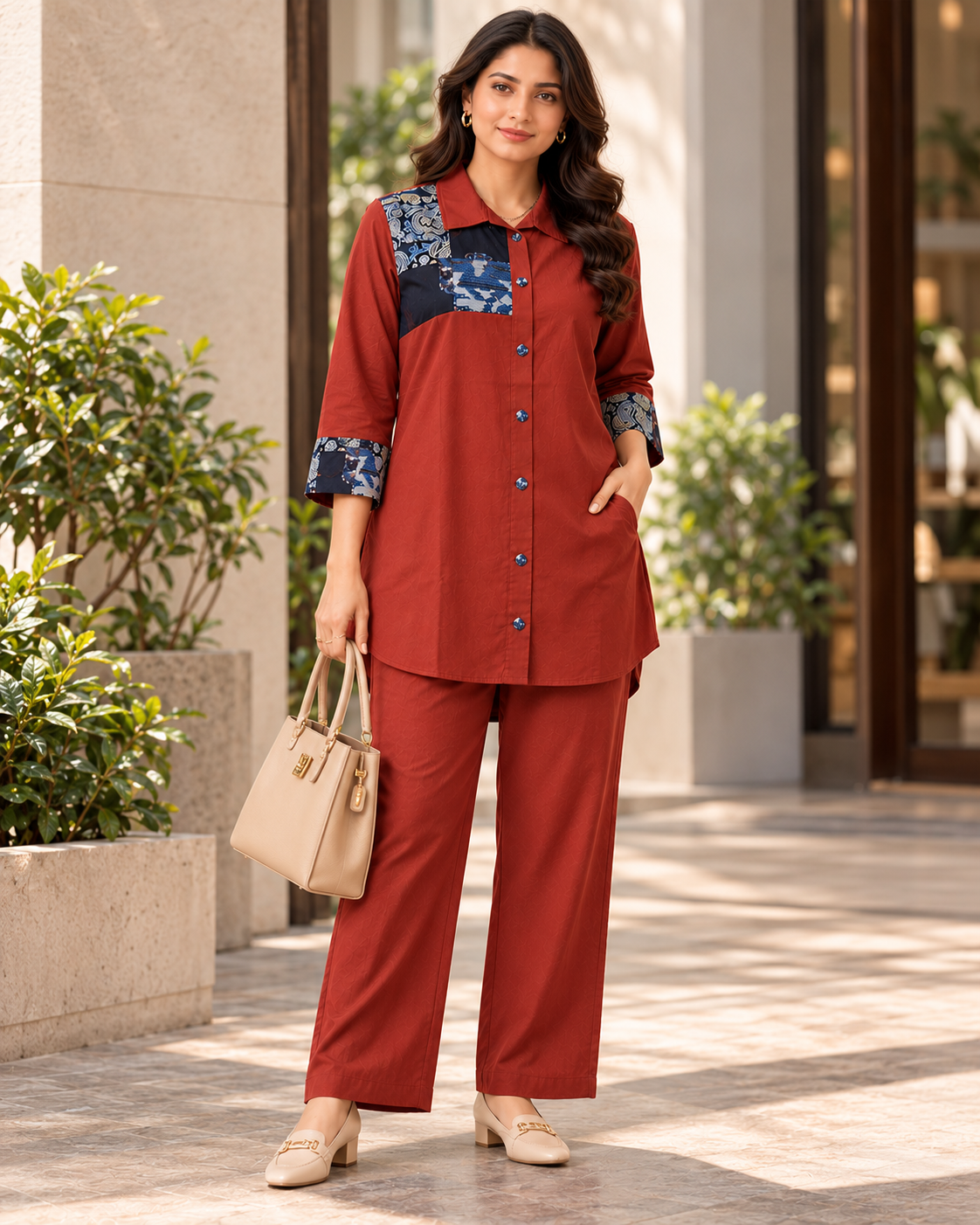 Rust Red Cotton Co-ord Set with Contrast Fabric Appliqué Work