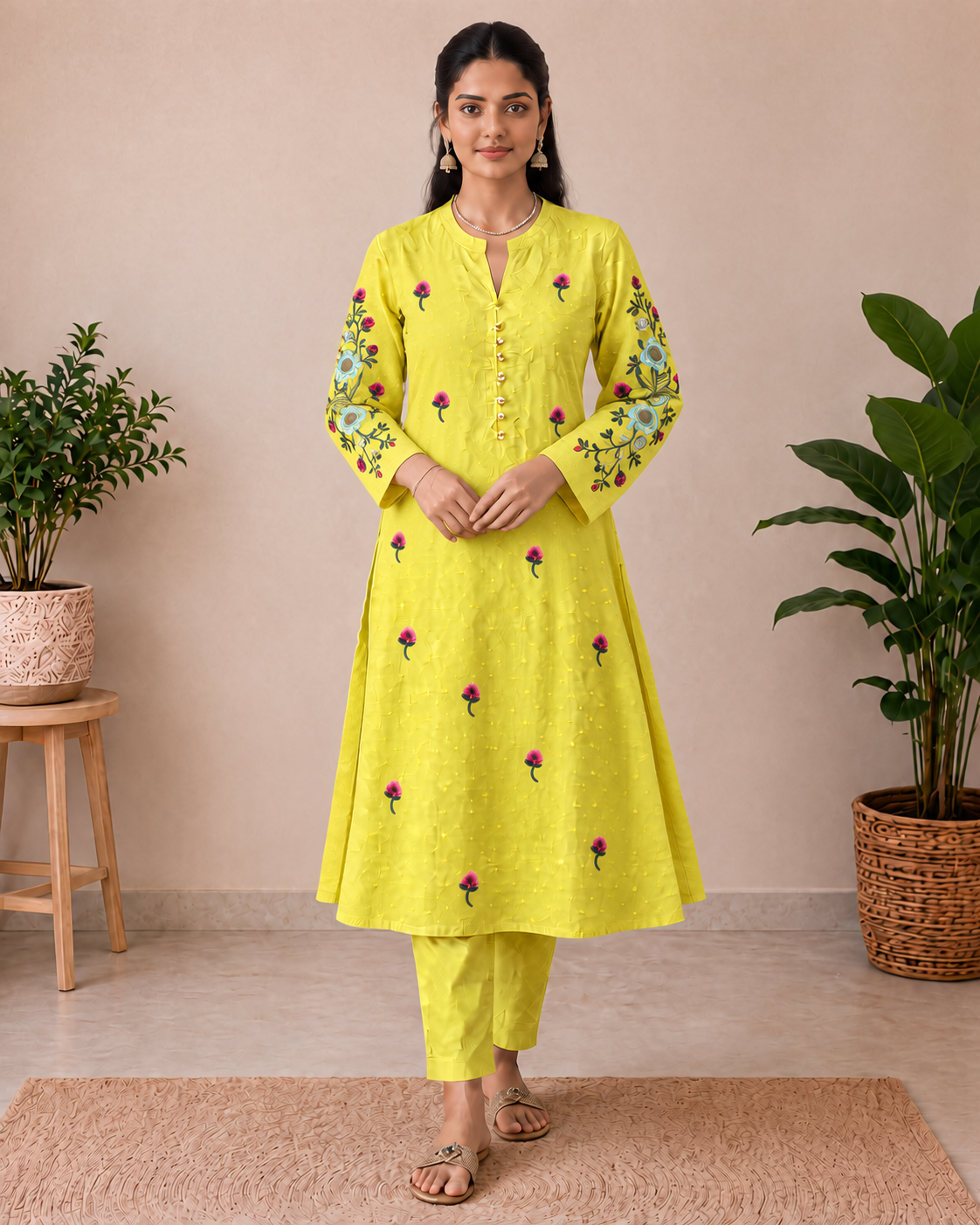 Lime Yellow Floral Embroidered Cotton 3-Piece Kurti Set