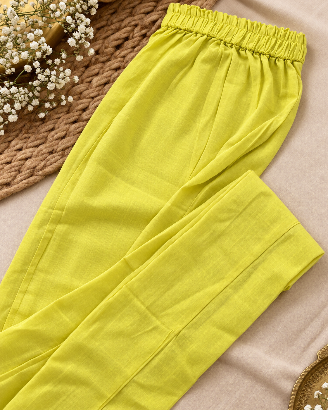 Lime Yellow Floral Embroidered Cotton 3-Piece Kurti Set