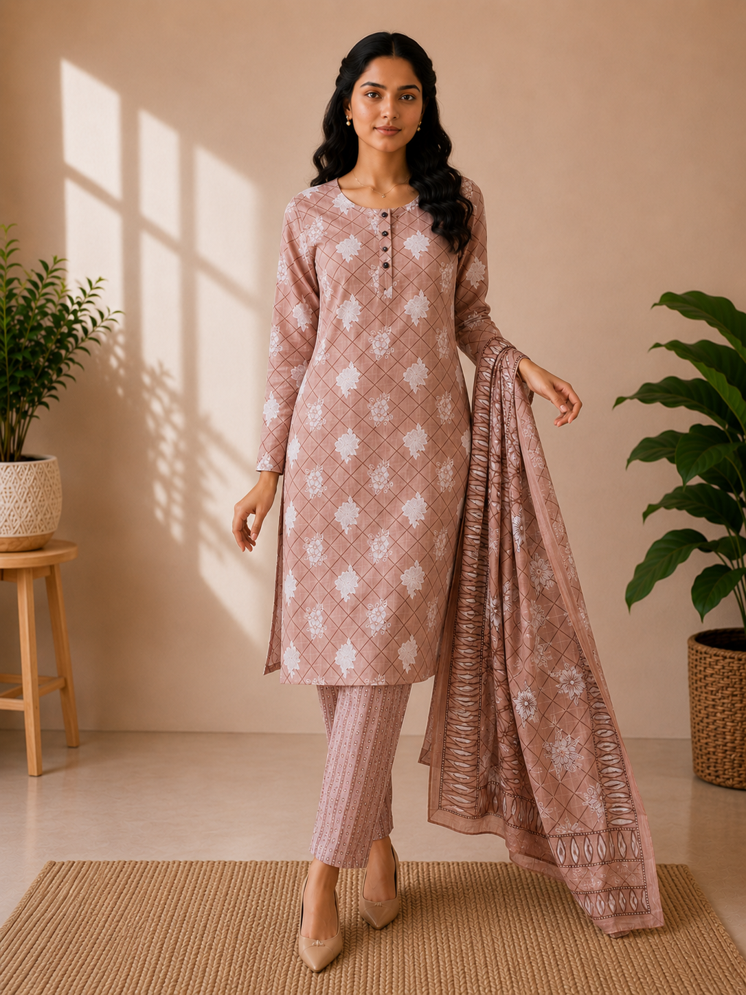 Rose Taupe Cotton Printed 3-Piece Kurti Set