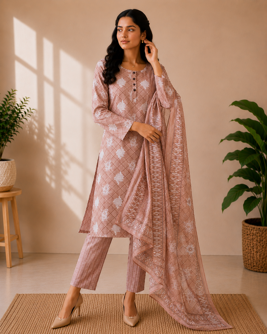 Rose Taupe Cotton Printed 3-Piece Kurti Set