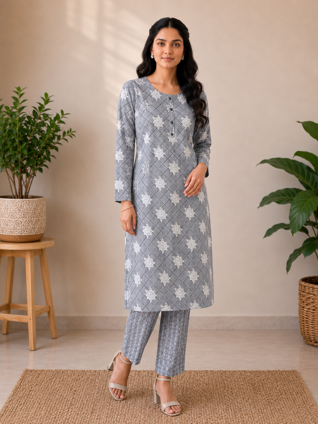 Mist Grey Cotton Printed 3-Piece Kurti Set