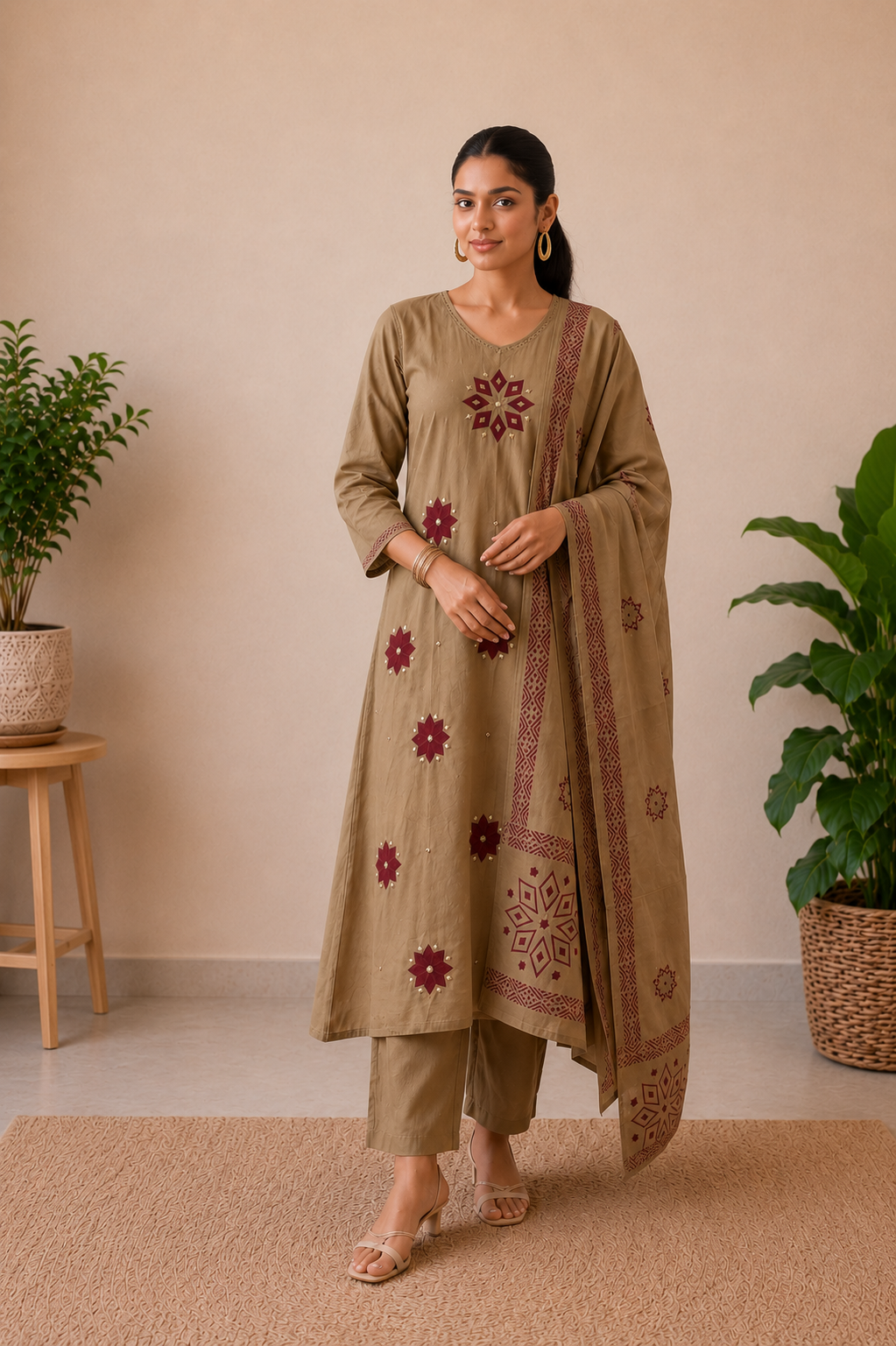 Desert Beige Embroidered Cotton 3-Piece Kurta Set with Printed Dupatta