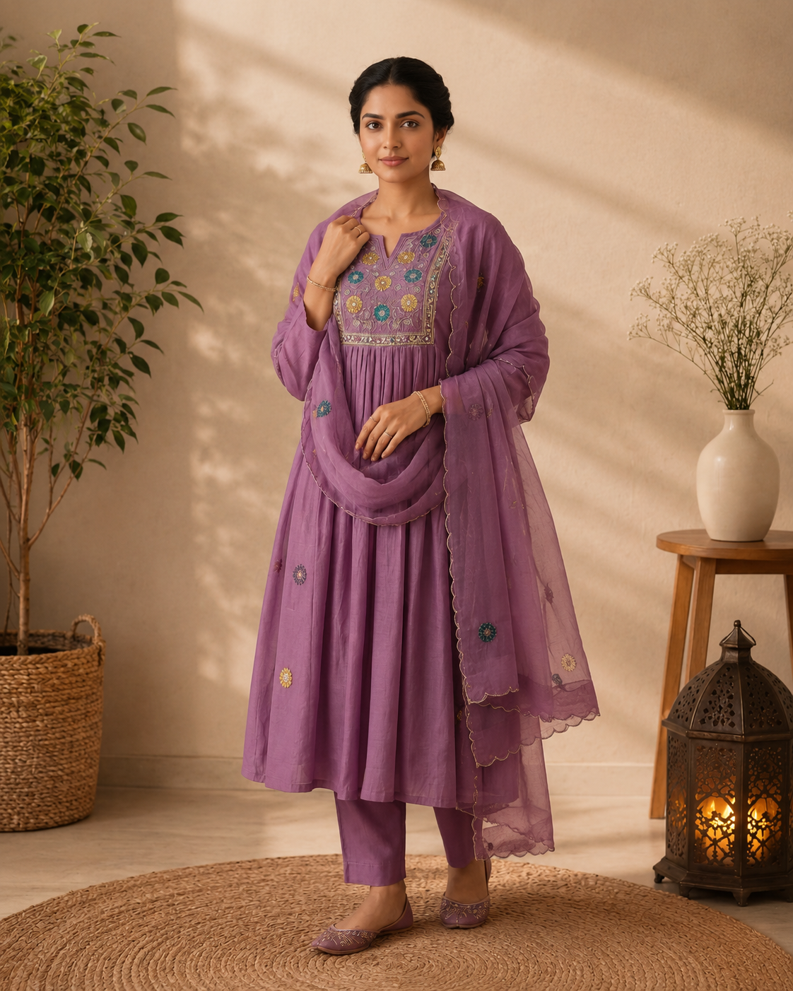 Lavender Bloom Mul Chanderi Embroidered 3-Piece Kurti Set with Dupatta