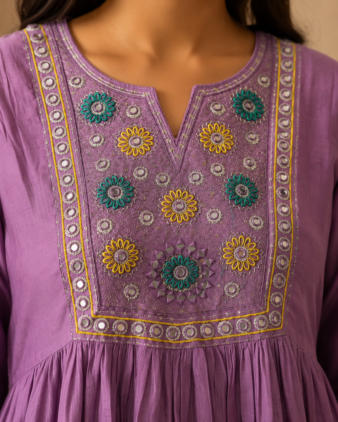 Lavender Bloom Mul Chanderi Embroidered 3-Piece Kurti Set with Dupatta