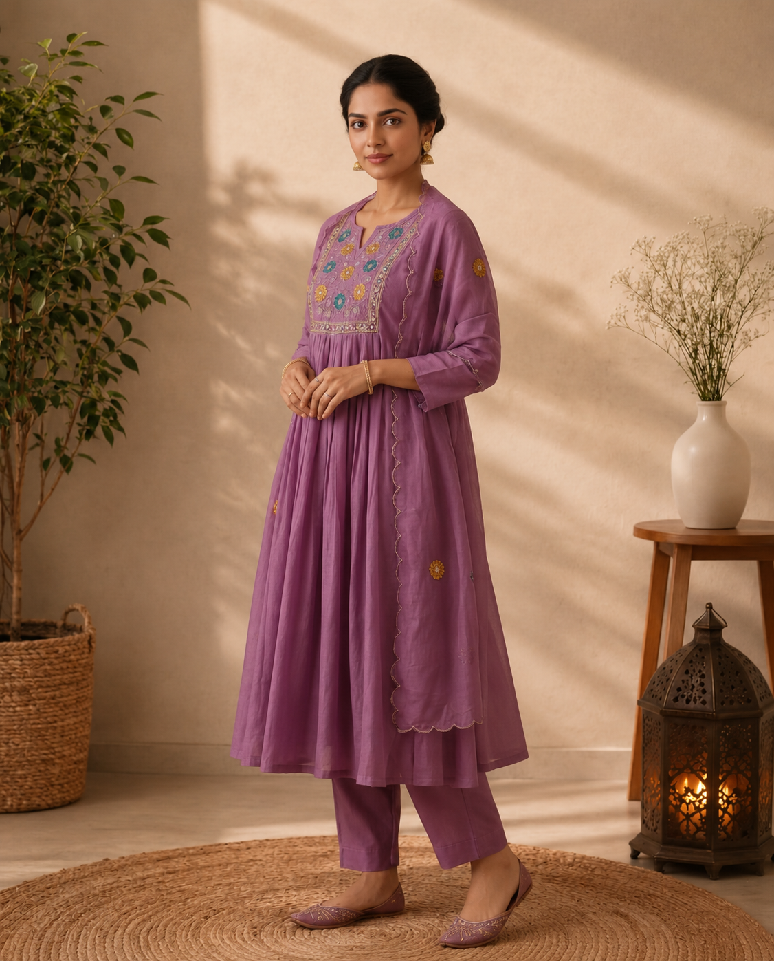 Lavender Bloom Mul Chanderi Embroidered 3-Piece Kurti Set with Dupatta