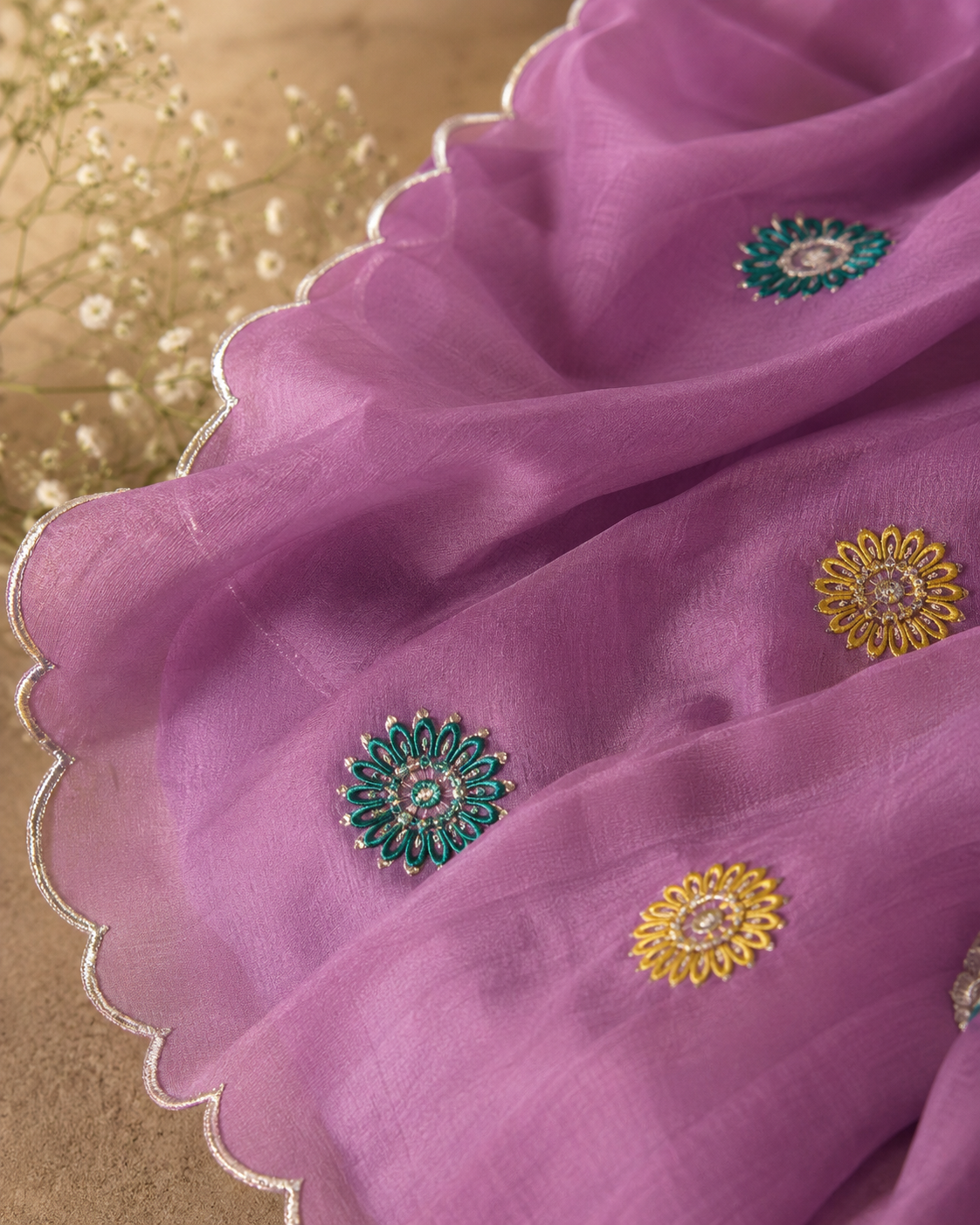 Lavender Bloom Mul Chanderi Embroidered 3-Piece Kurti Set with Dupatta