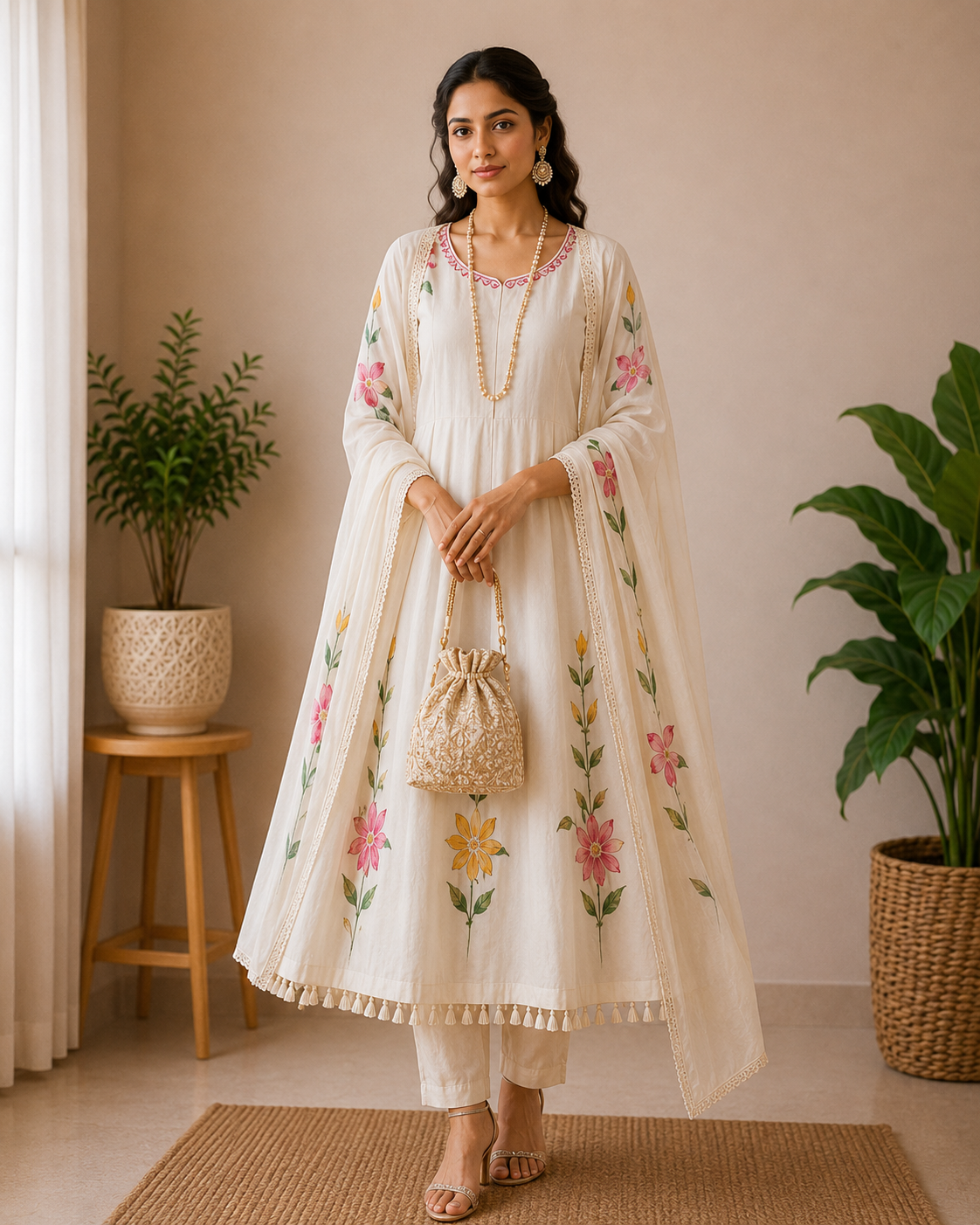 Designer Pure Cotton Handbrush Paint Anarkali 3-Piece Kurti Set with Lining