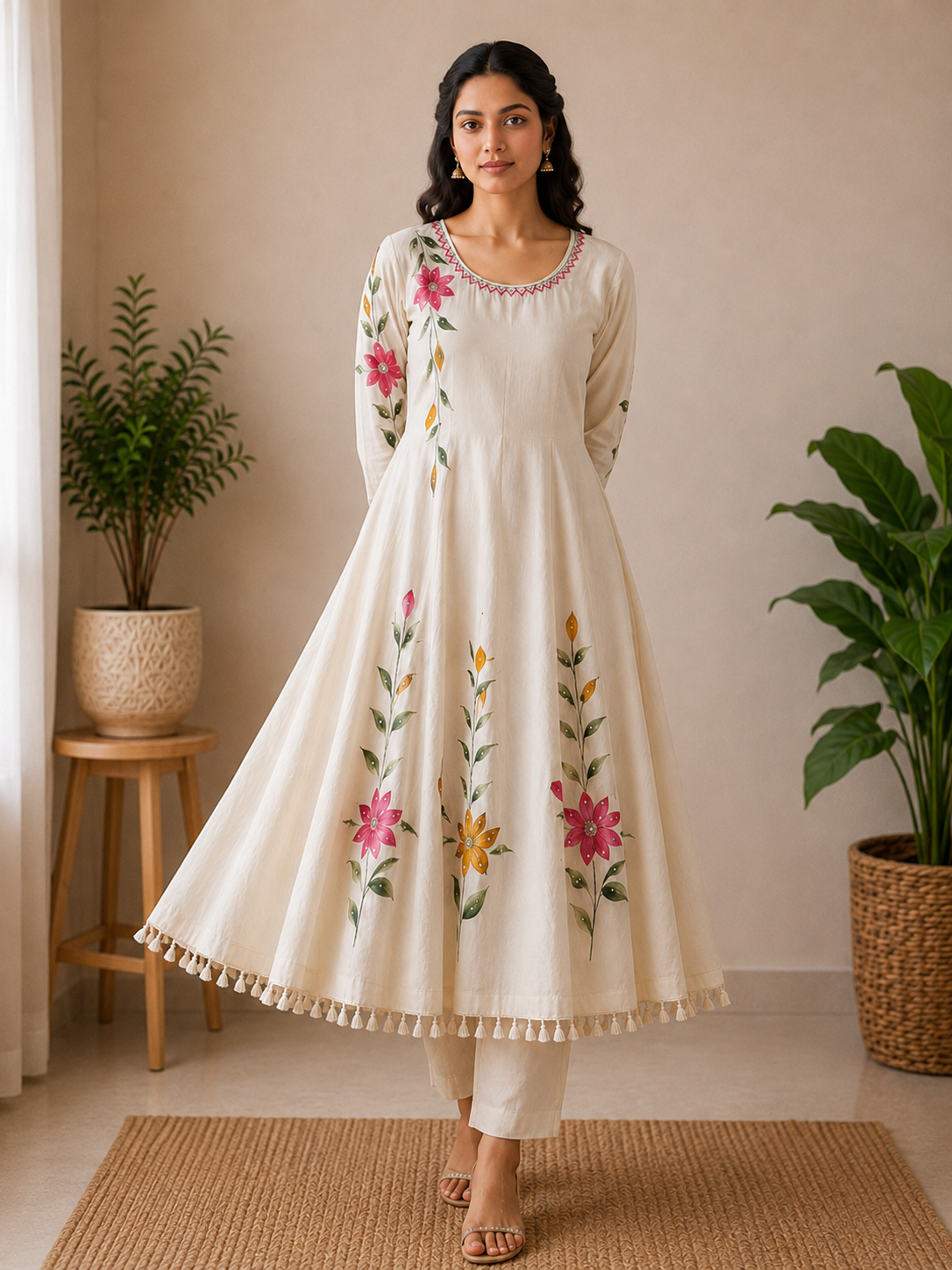 Designer Pure Cotton Handbrush Paint Anarkali 3-Piece Kurti Set with Lining