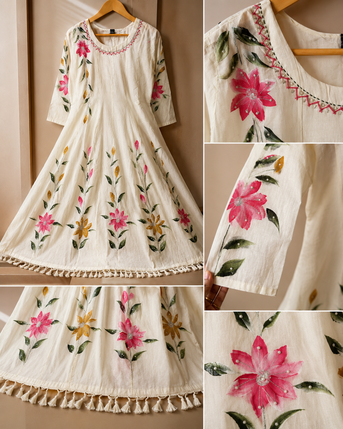 Designer Pure Cotton Handbrush Paint Anarkali 3-Piece Kurti Set with Lining