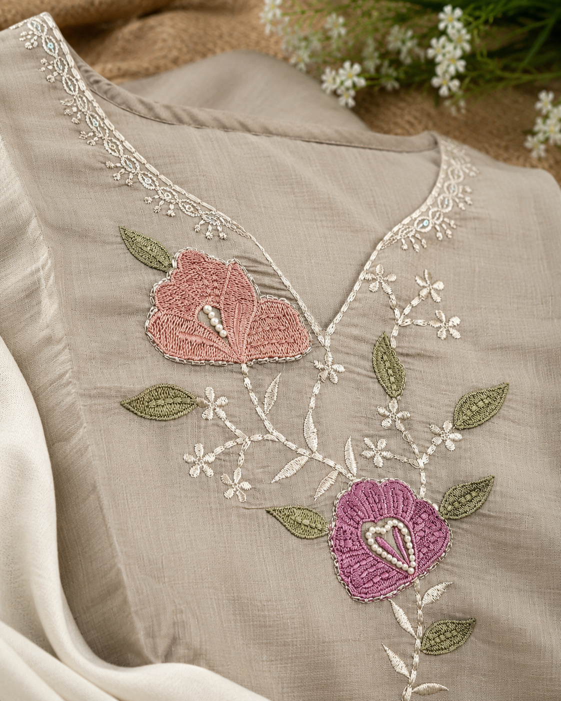 Premium Mul Chanderi Embroidered Designer Kurti Set with Dupatta