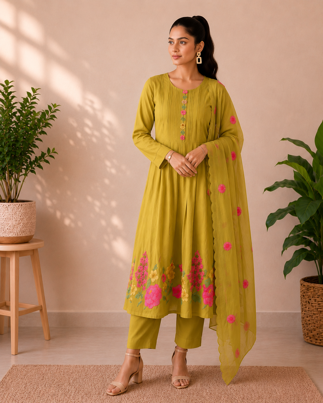 Mustard Bloom Embroidered Mul Chanderi 3-Piece Kurti Set