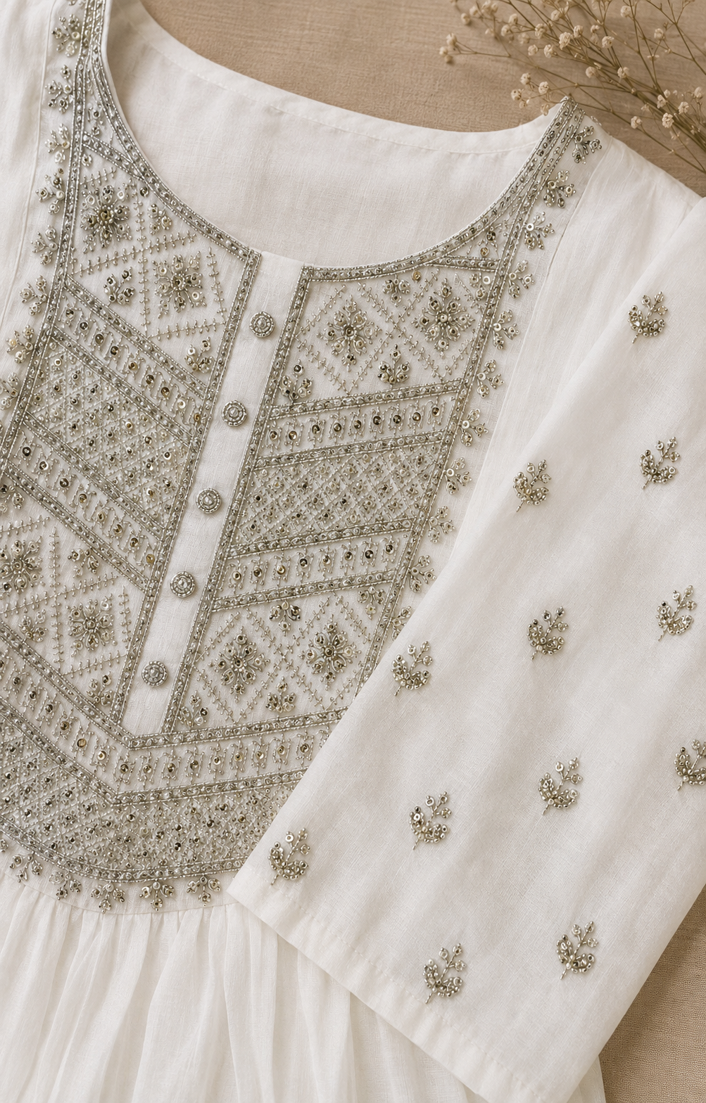 Premium Mul Chanderi White Kurti Set with Lining