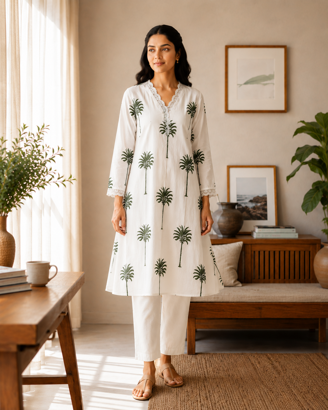 Palm Grove Pure Mul Cotton 2-Piece Kurti Set with Lining & Dual Side Pockets
