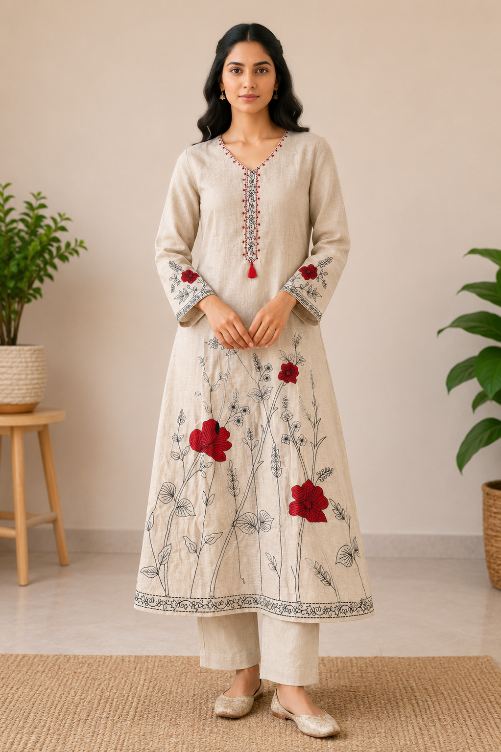 Designer Khadi Linen Floral Printed 3-Piece Kurti Set