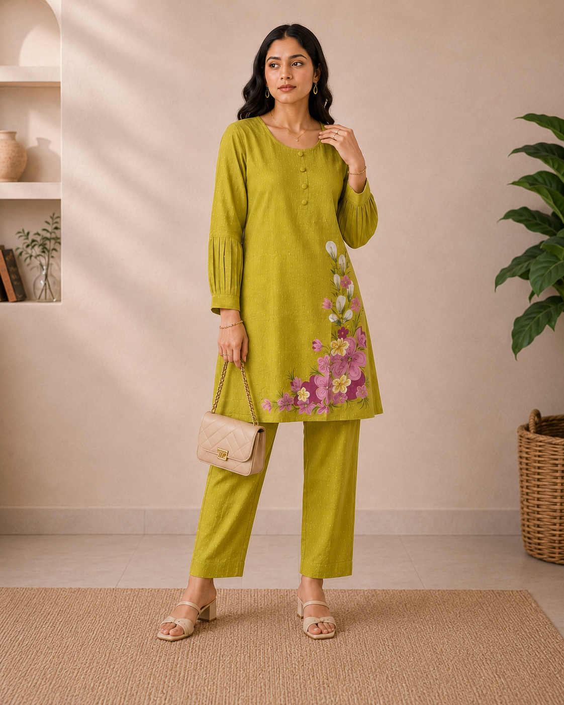 Designer Premium Olive Bloom Mul Cotton 2-Piece Kurti Set