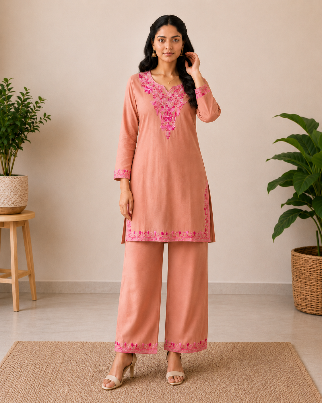 Peach Bloom Rayon Aari Work Co-ord Set